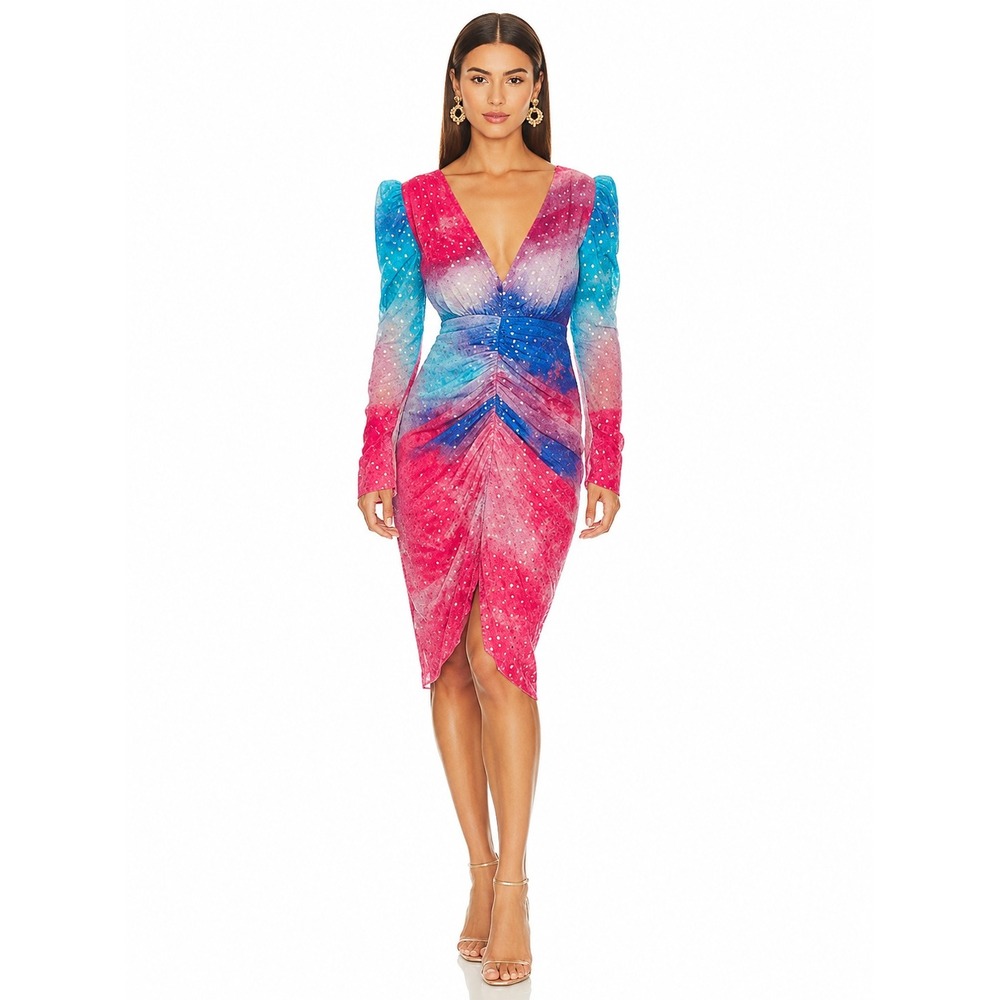 Rococo Sand Cloud Midi Dress Blue Pink Lurex Ruched Puff Sleeve S NEW Resortwear